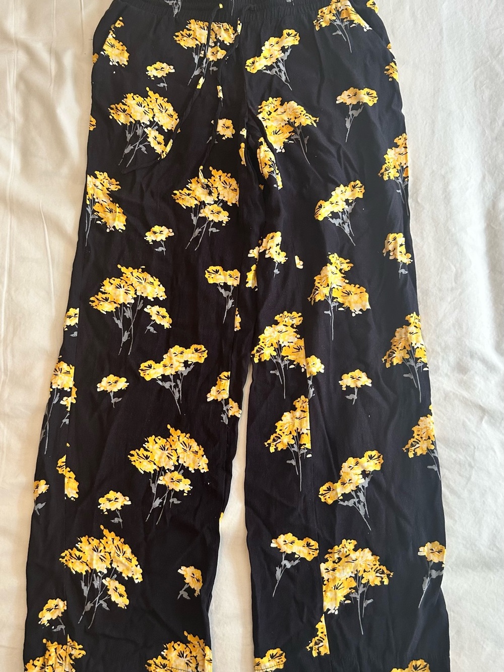 LOFT Navy Wide-Leg Pants with Yellow Floral Print XXS